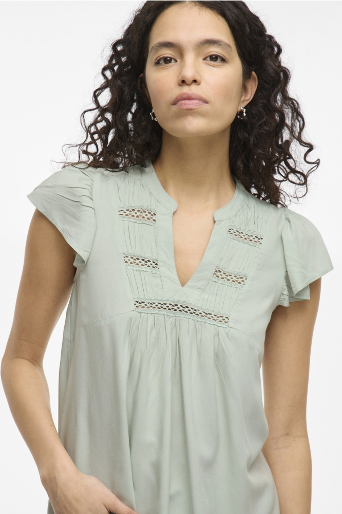 VIVISIA V-NECK C/S PLEATED TOP/TES 14106953 SILT GREEN